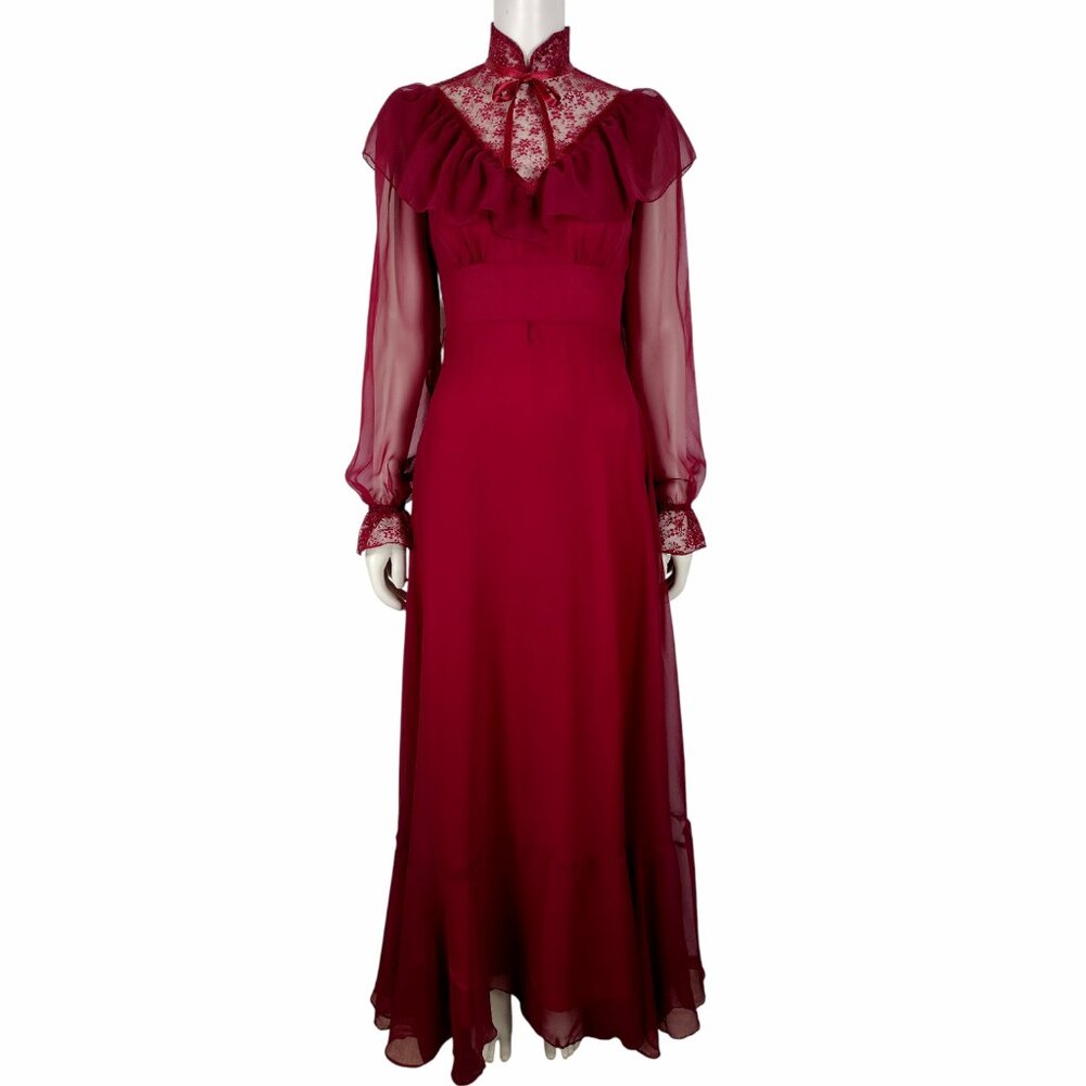 Vintage 1970s Cranberry Poly Chiffon Long Sleeve Victorian Maxi Dress Size XS